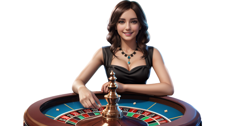 Crupier de casino en vivo en una mesa de ruleta Boomerang Bet