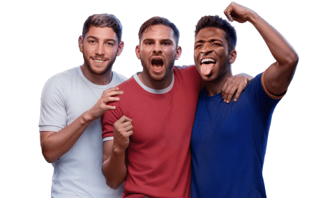 Grupo de amigos celebrando una victoria deportiva en Boomerang Bet