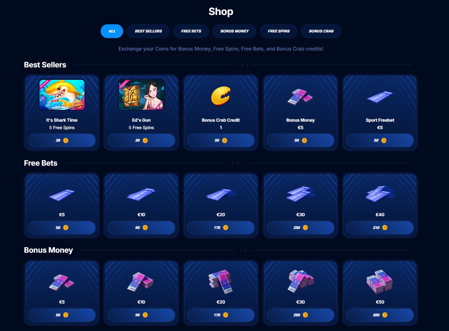 Tienda de Bonos de Boomerang Bet donde puedes canjear monedas por premios